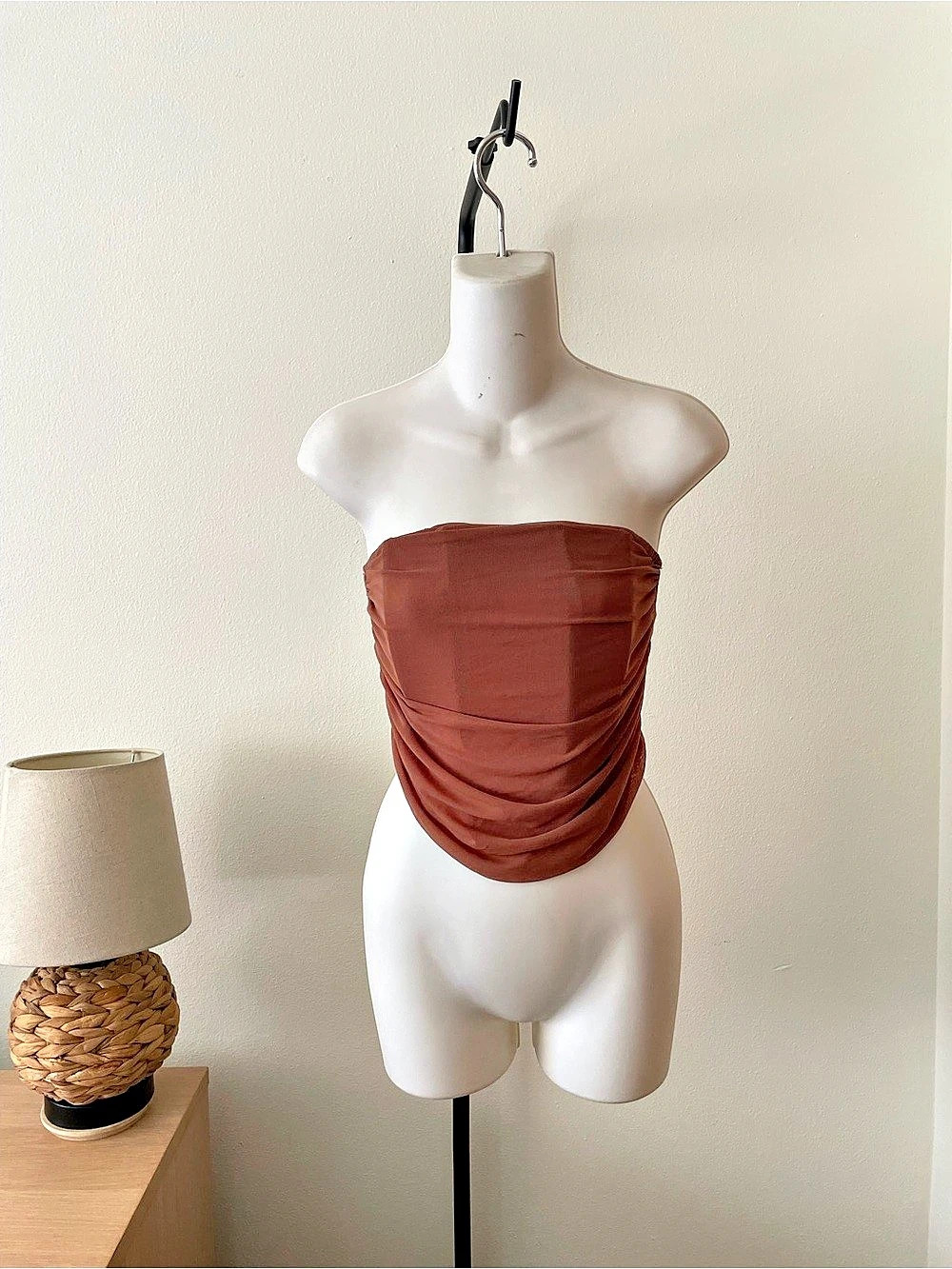 LOVE J Ruched Strapless Crop Top in Brown Size Medium